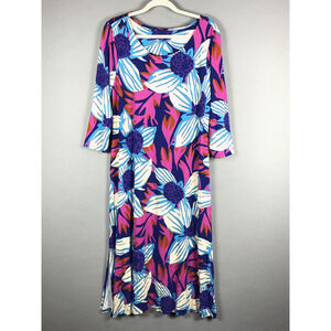 Soft Surroundings Serena Jersey Knit Floral Midi Dress XL Blue Pink 3/4 Sleeve